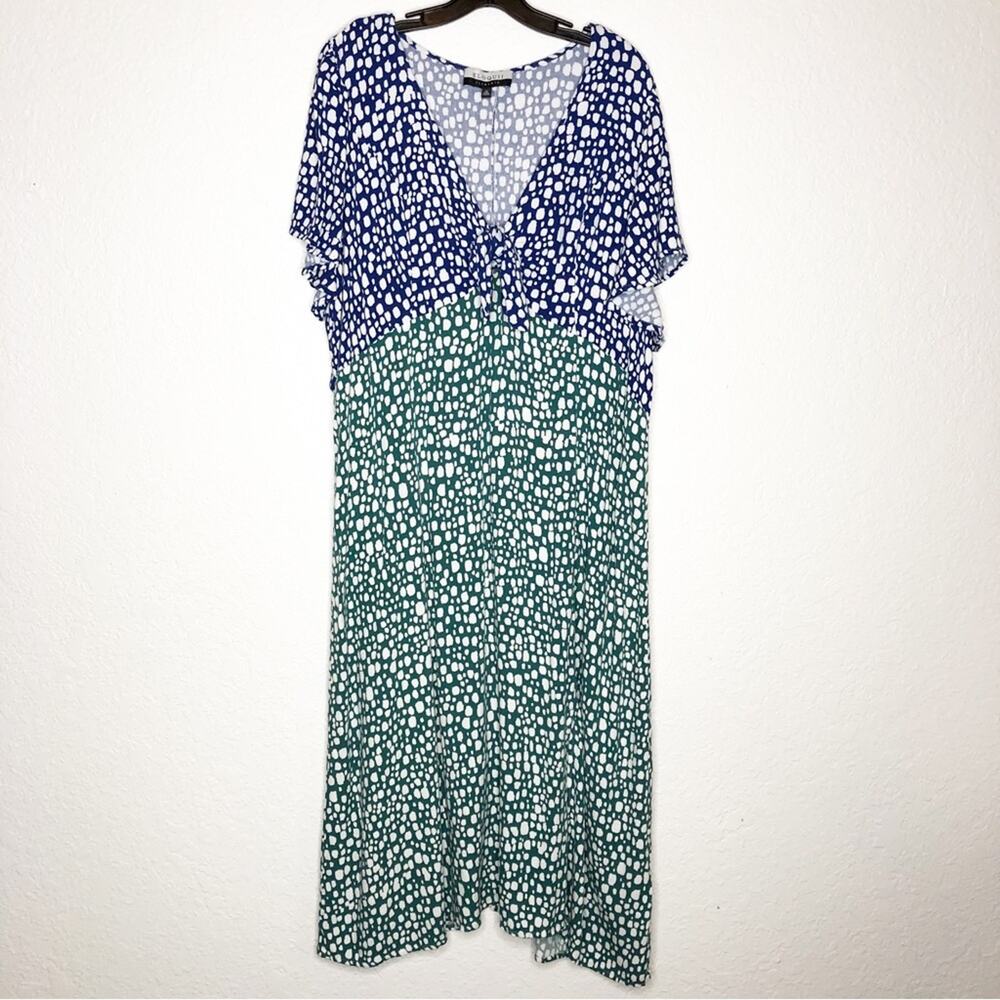 Eloquii blue green white splatter dot v neck maxi dress size 24